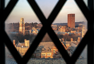 View of New Haven through windown in Sterling Library