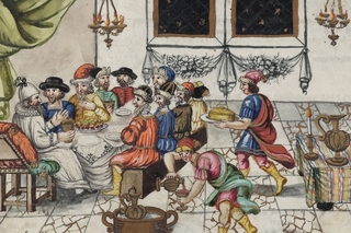 Illuminated manuscript drawing of a Seder