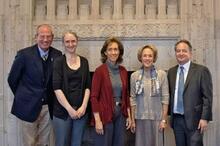 From left, George Levesque, dean of academic affairs in Yale College and secretary for Yale’s chapter of Phi Beta Kappa; award winners Sarah Demers, Christine Hayes, and Pam Schirmeister; and Pericles Lewis, dean of Yale College.