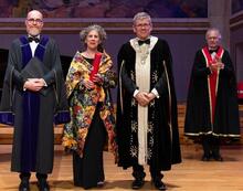 Laura Nasrallah at University of Oslo honorary degree conferral, flanked by the university's Dean of the Theological Faculty and Rector (President)